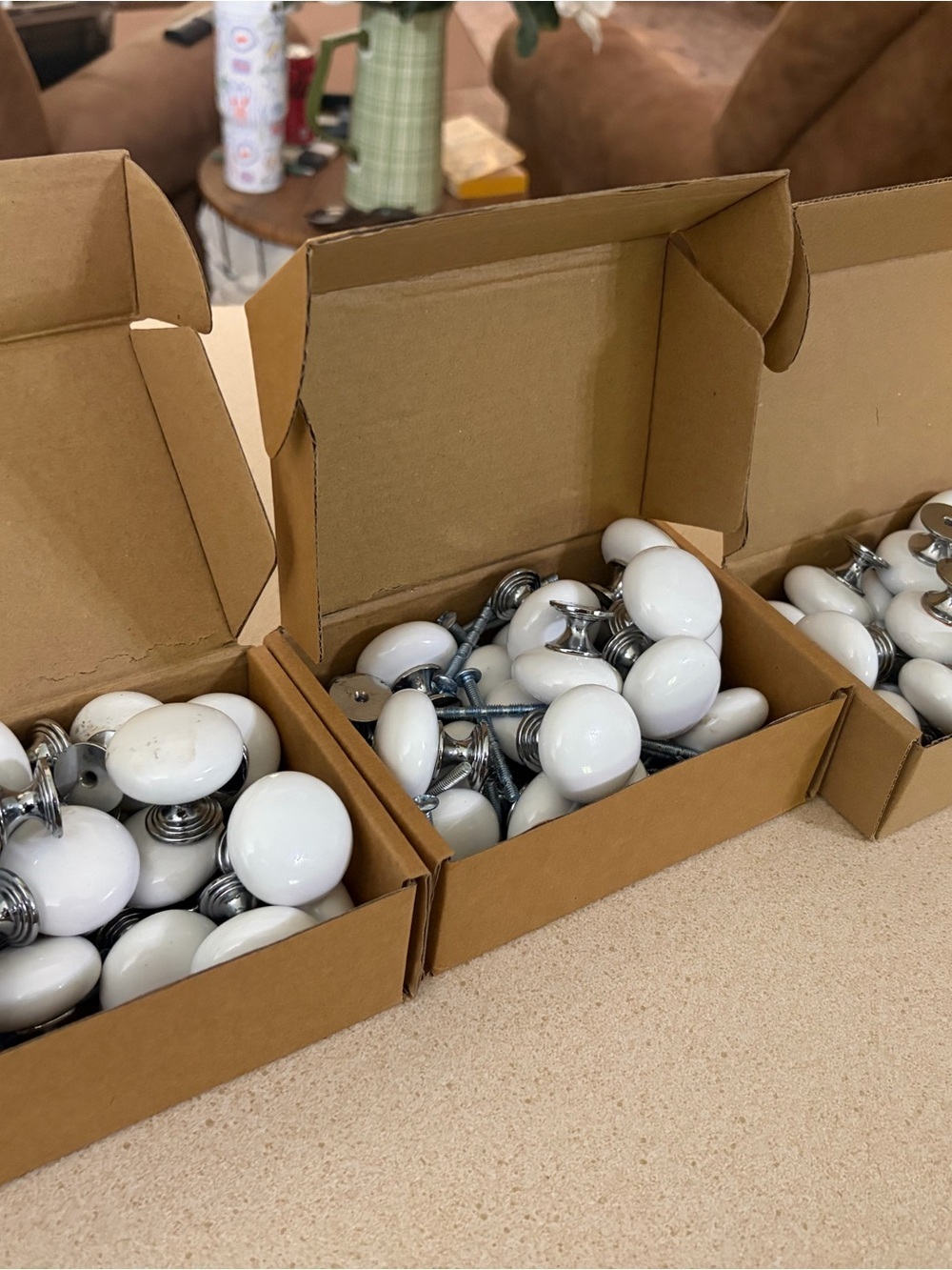 White Ceramic Cabinet Knobs with Silver Hardware - Set